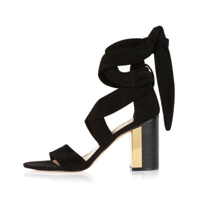 Black suede wrap mid heel sandals